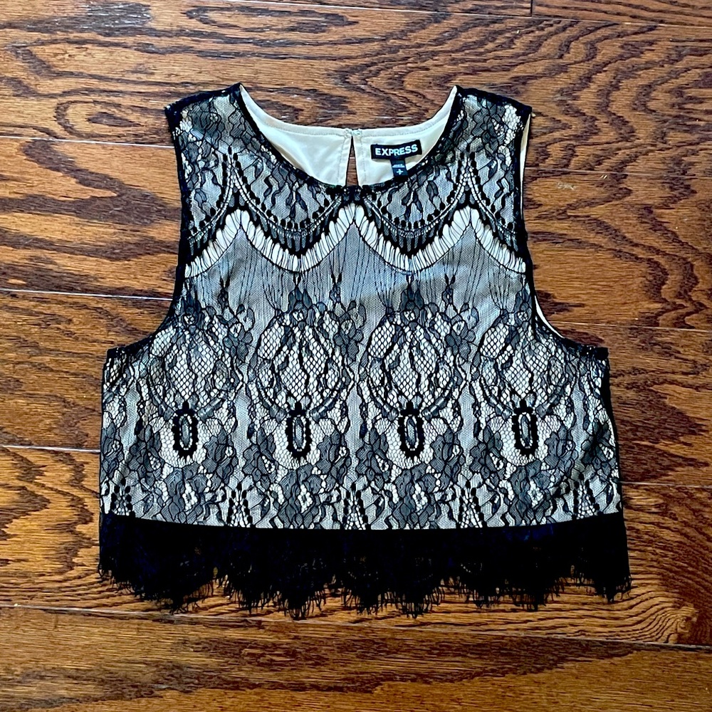 Express women's short sleeve black lace crop top with beige liner size small